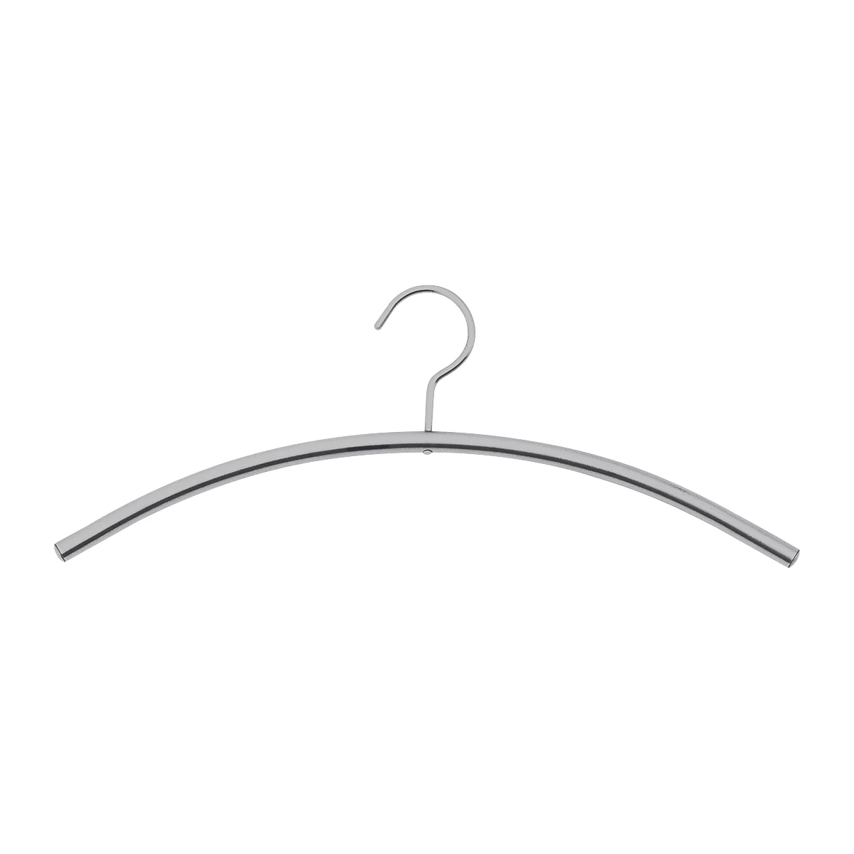 A single silver clothes hanger with a curved bar and bent hook.