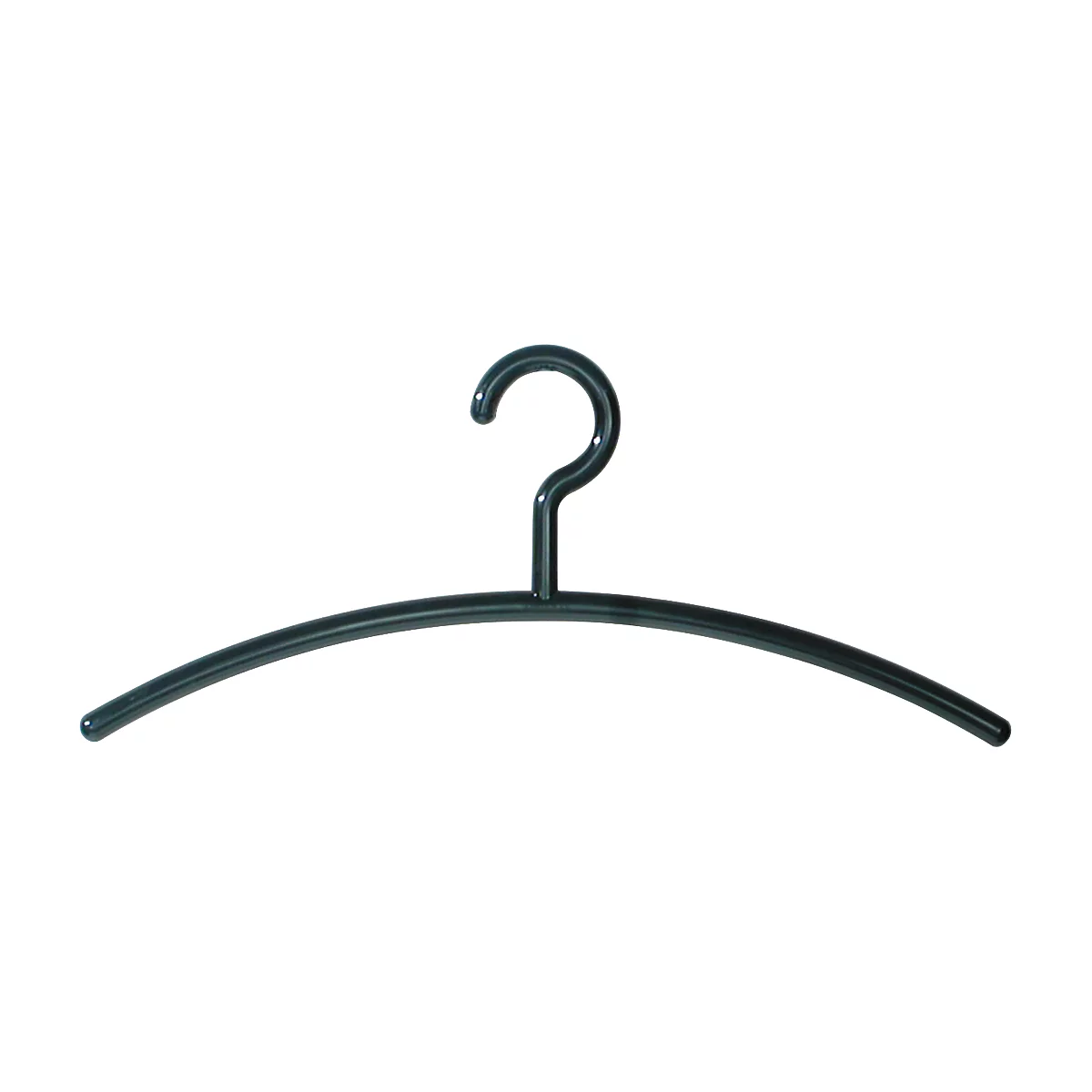 Black clothes hanger with hook, slightly curved.