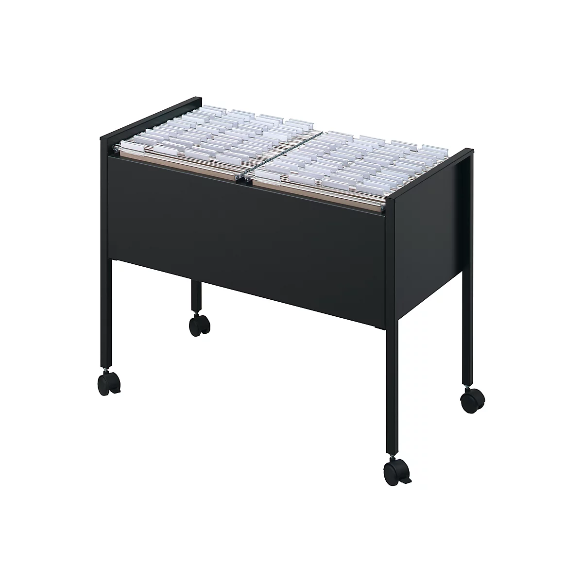Black hanging file cart with many file folders. It stands on wheels.