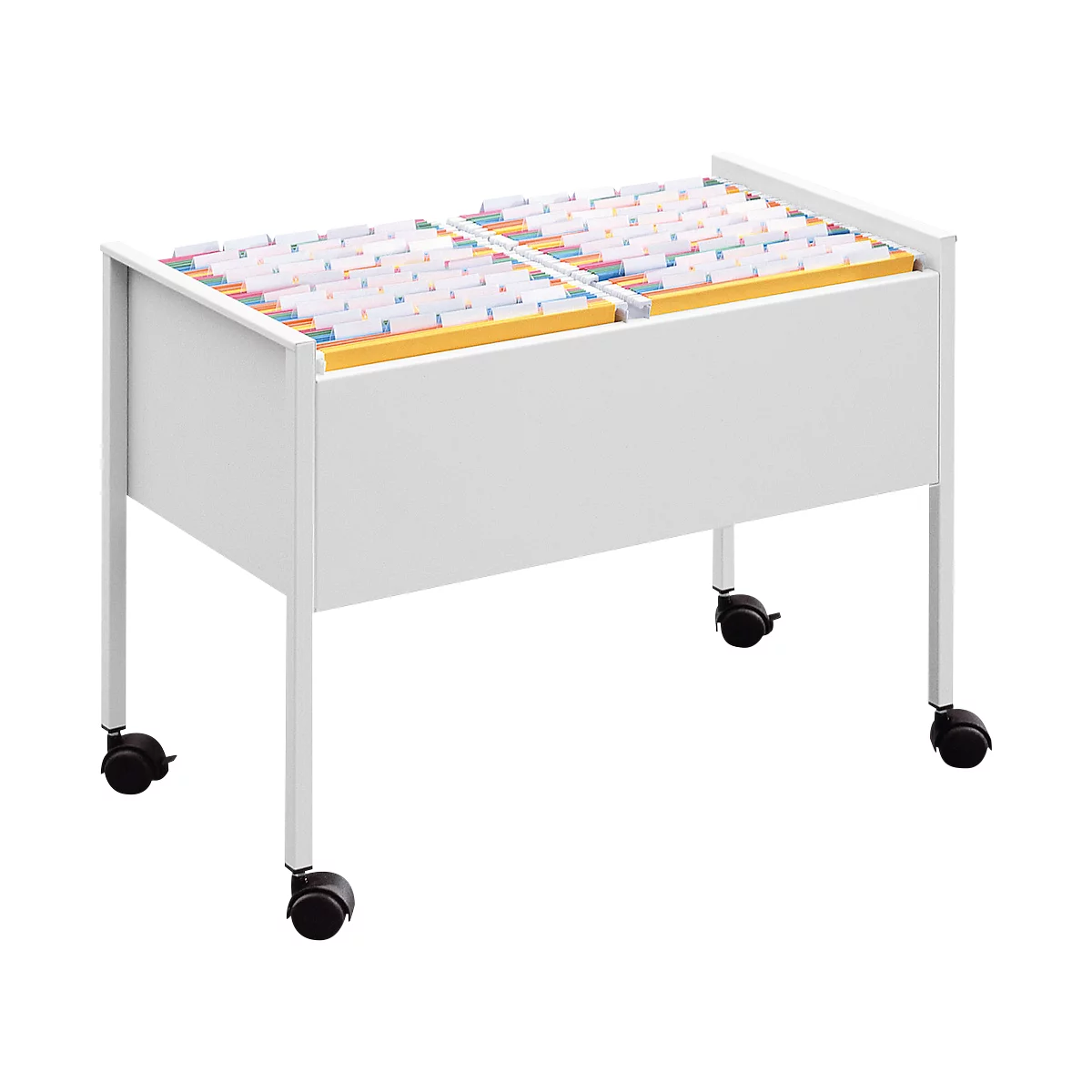 White, rolling file cabinet with open file folders. The folders have colorful tabs.