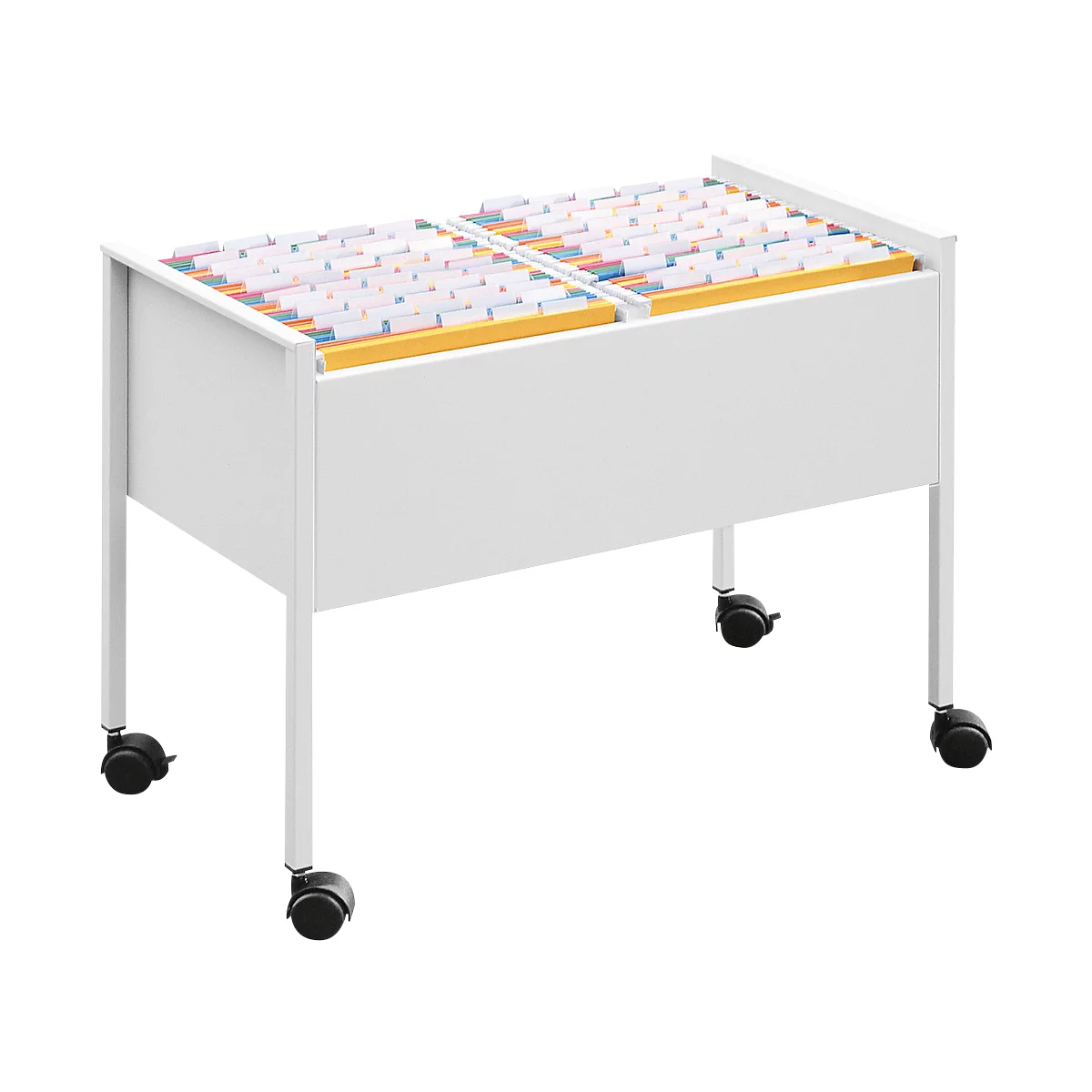 White, rolling filing cabinet with colorful file cards. The cabinet has four wheels.