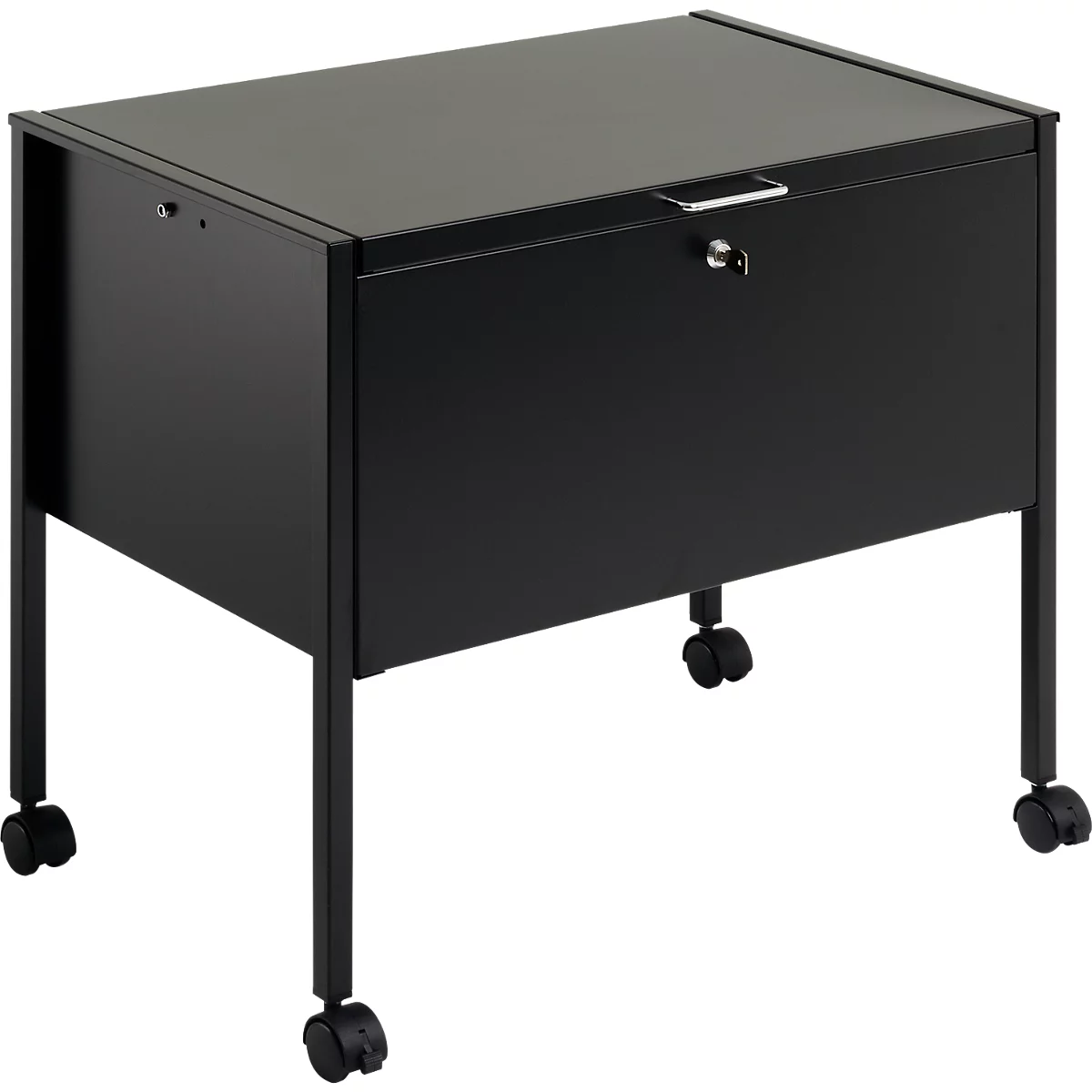Black file cabinet with wheels. It has a lockable drawer and a lid.