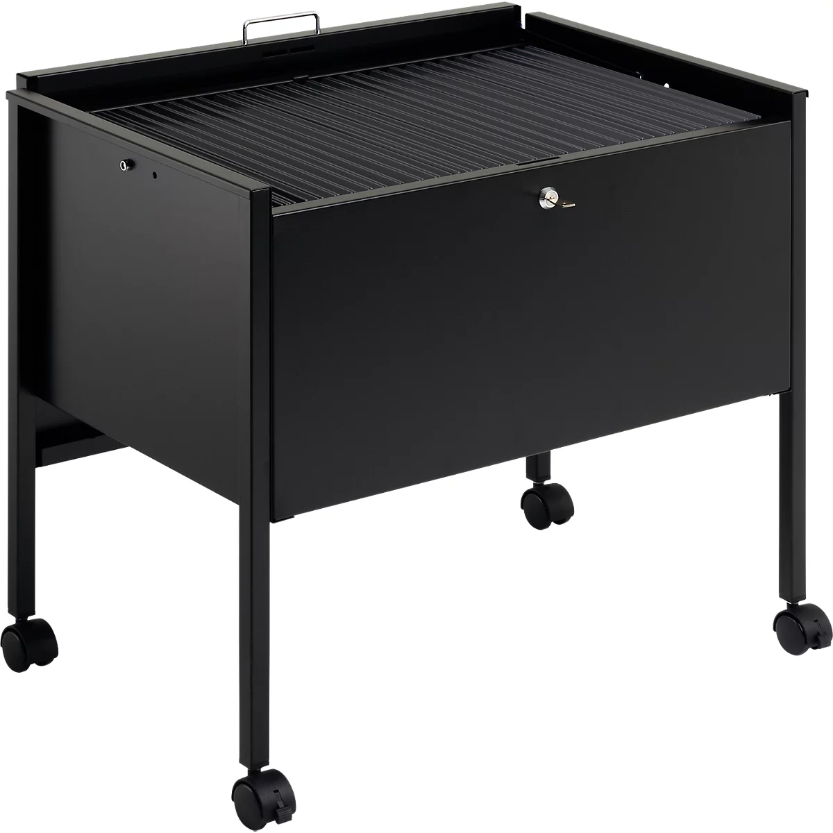 Black, rectangular grill cart with wheels, handle and grill grate, freestanding.