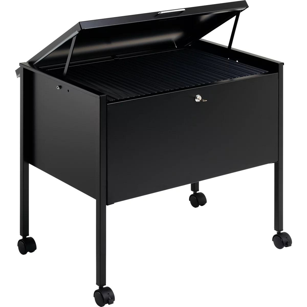 Black filing cabinet with open lid on wheels. The lid is held open by a mechanism.