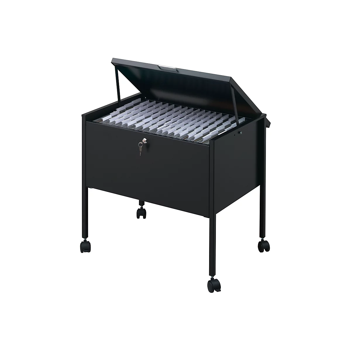 Black archive box with open lid. Inside are many white, elongated objects. It stands on wheels and has a lock.