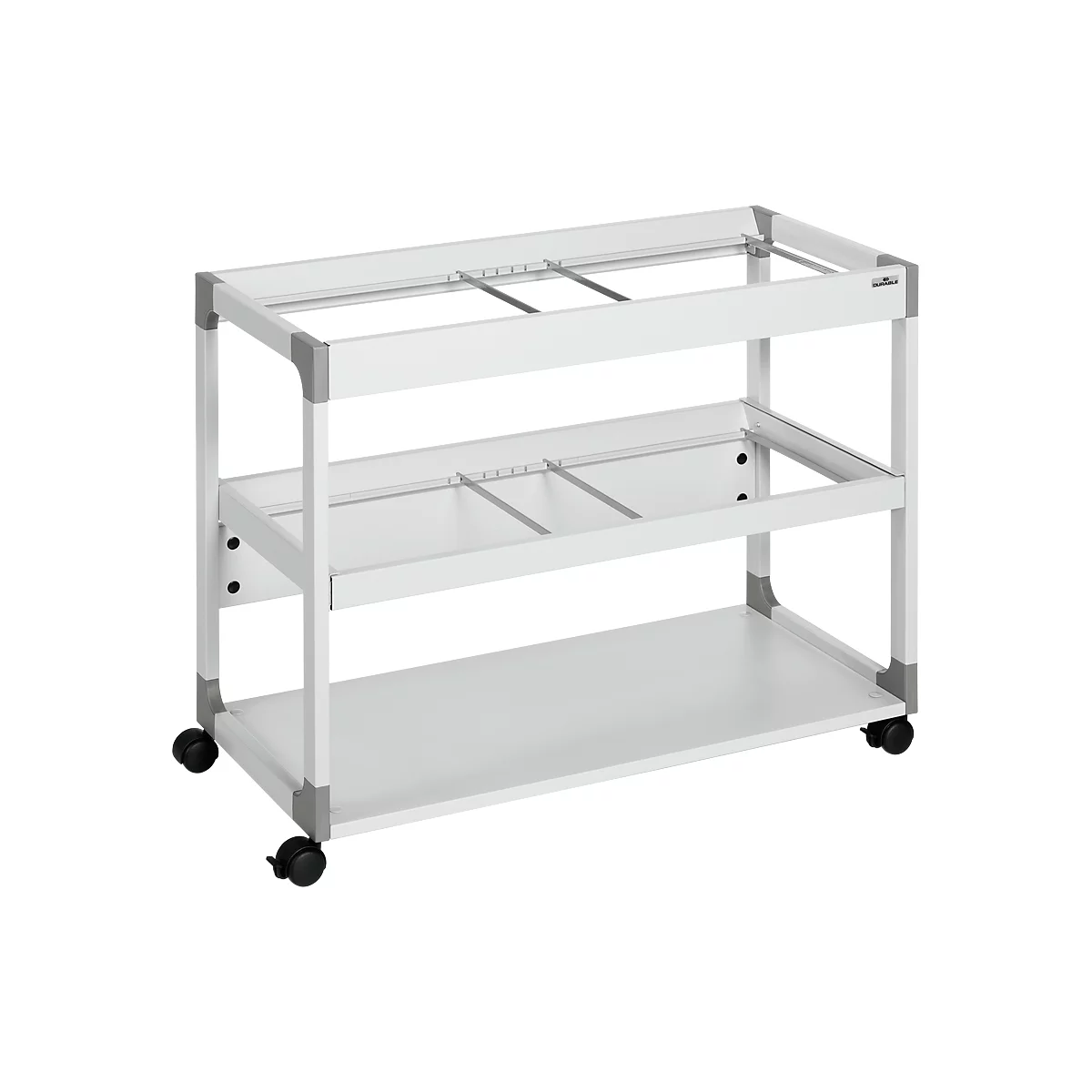 White rolling cart with three shelves. The cart has gray corner connections and wheels.