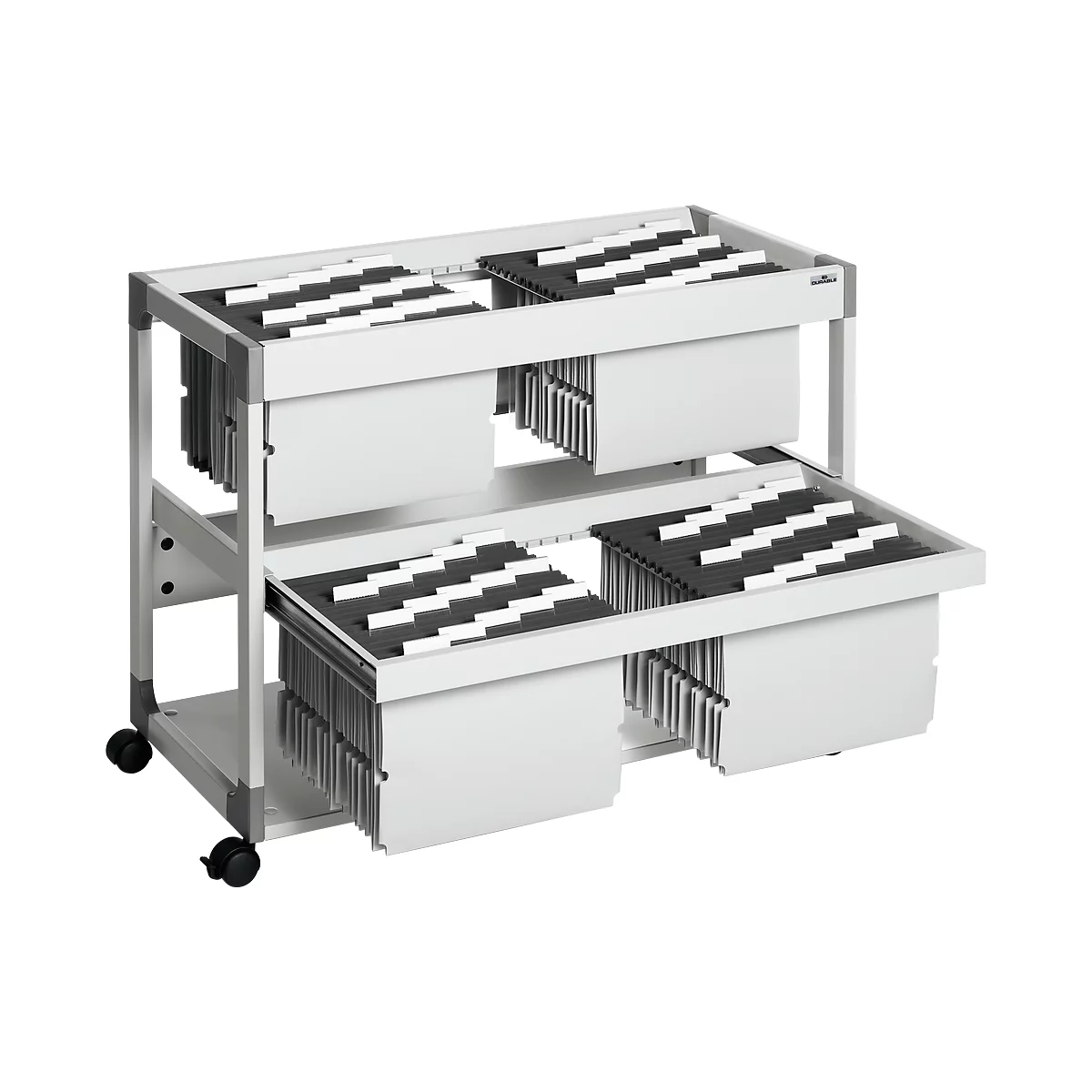 A white rolling cart with two shelves. Each shelf has drawers with index cards. The cart stands on wheels.