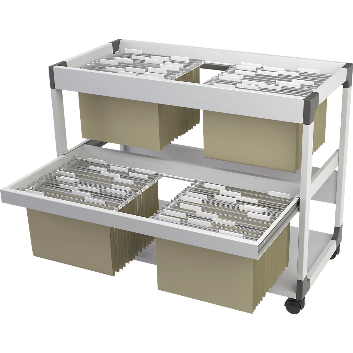 A white file cart with gray corner connectors. It has two tiers with file folders filled with papers.