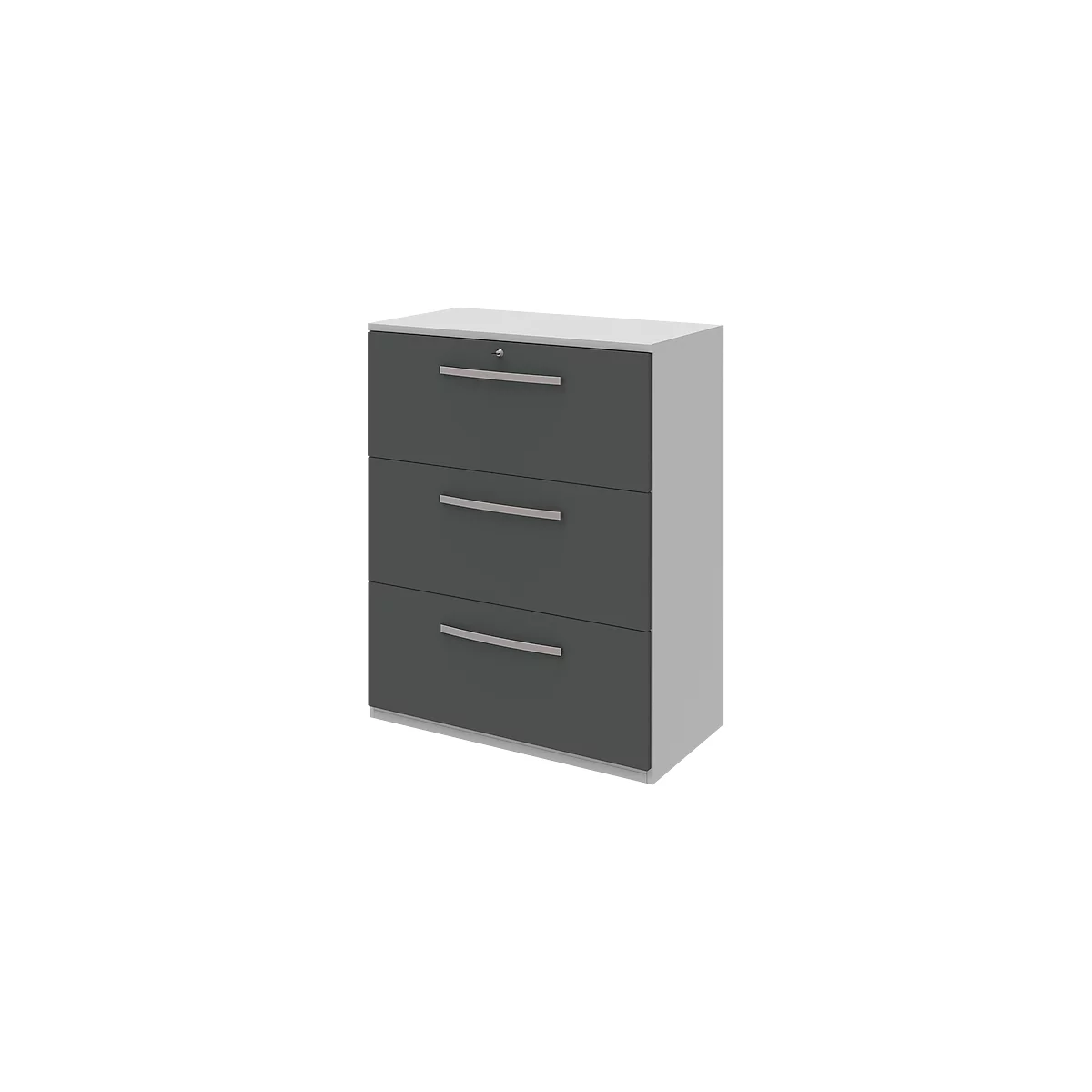 Dark gray filing cabinet with three drawers, silver handles, and a lock.