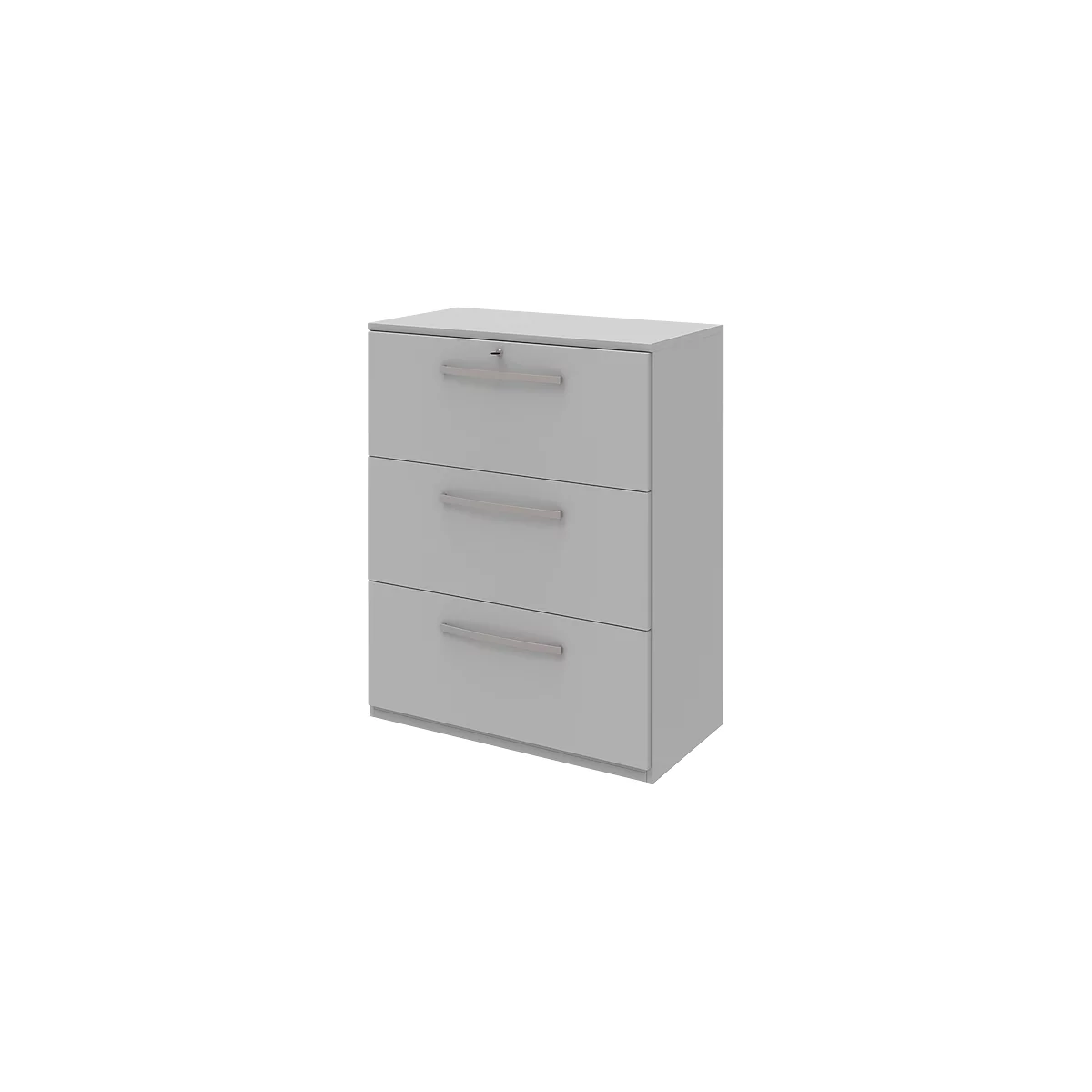 Gray filing cabinet with three drawers and silver handles.