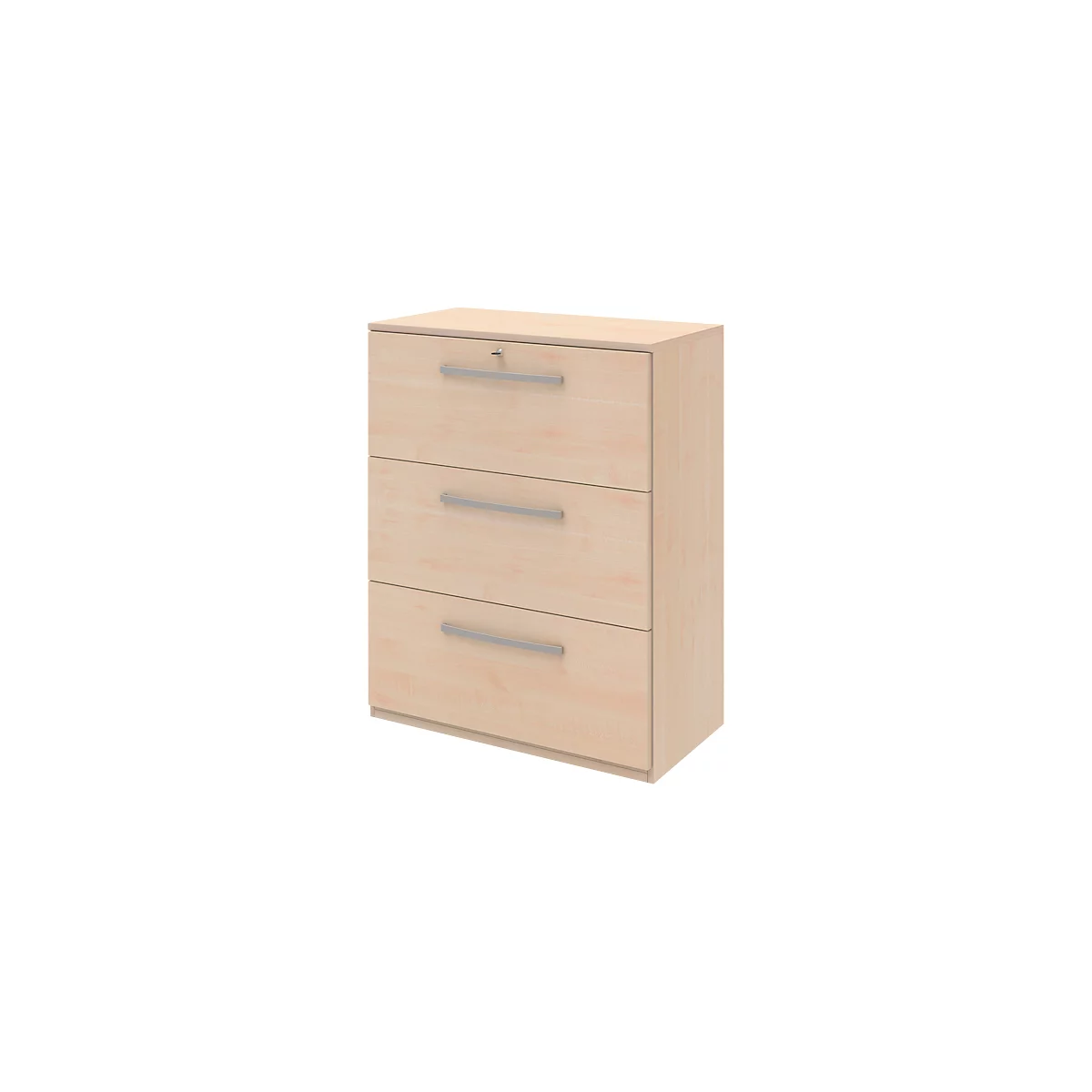 Beige file cabinet with three drawers, grey handles, and a lock.