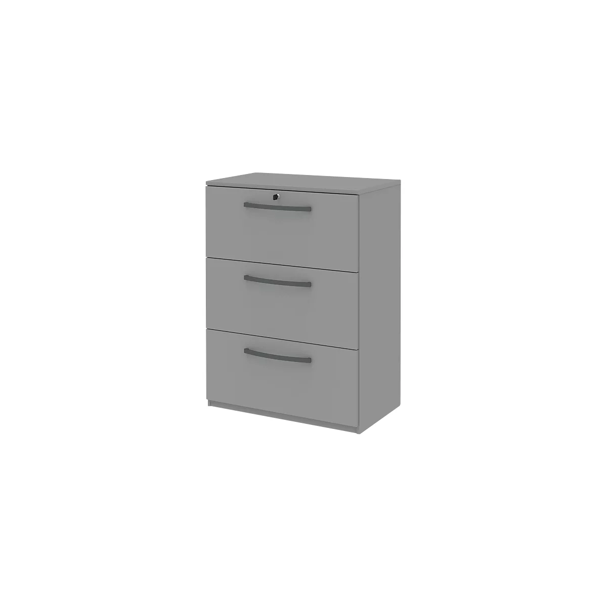 Gray filing cabinet with three drawers. Each drawer has a curved handle. The cabinet has a lock.
