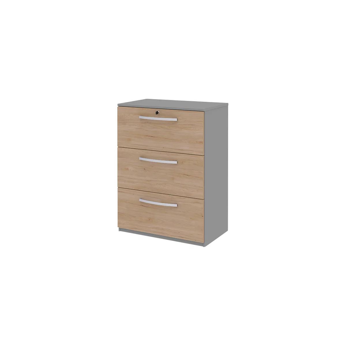 Wooden chest of drawers with three drawers, gray sides, and silver handles.