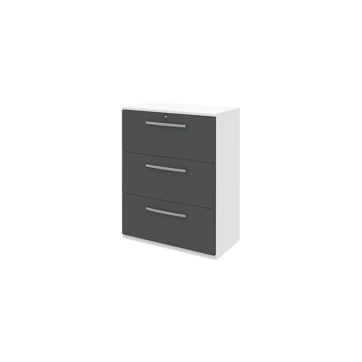 Gray three-drawer filing cabinet with silver handles. The cabinet is bordered in white.