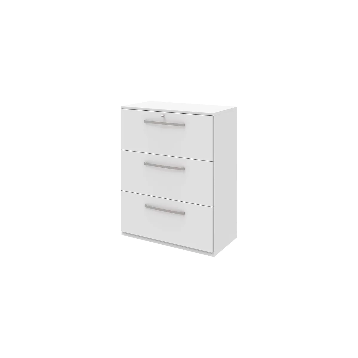 White file cabinet with three drawers and silver handles.
