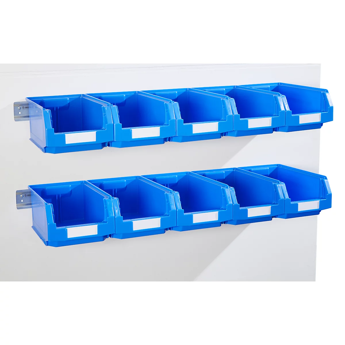 Hangrails Schäfer Shop Select, L 1135 x B 68 x D 2 mm, plaatstaal, verzinkt, 2 stuks + 10 magazijnbakken met open voorzijde LF 321, blauw.