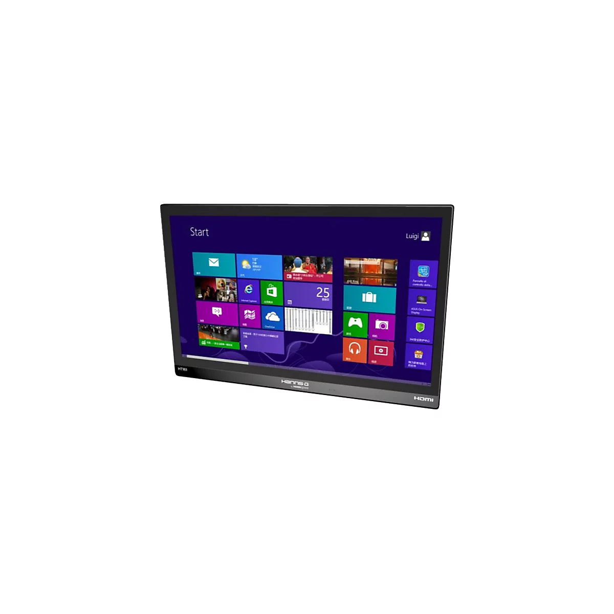 Hanns-G Monitor mit Windows-Startbildschirm vor weißem Hintergrund.