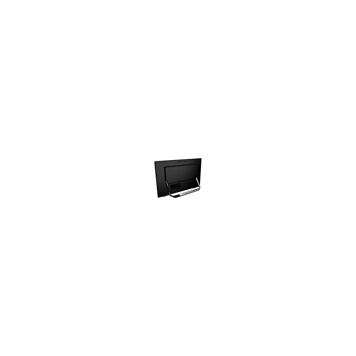 Rückseite eines schwarzen Monitors mit Standfuß auf weißem Hintergrund.