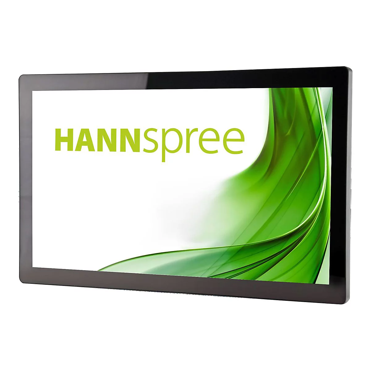 HANNspree Monitor mit schwarzem Rahmen vor weißem Hintergrund und grünem, geschwungenem Design auf dem Display.