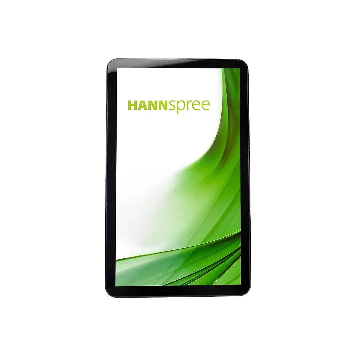 Schwarzes Hannspree-Tablet vor weißem Hintergrund mit grün-weißem geschwungenem Hintergrundbild auf dem Display.