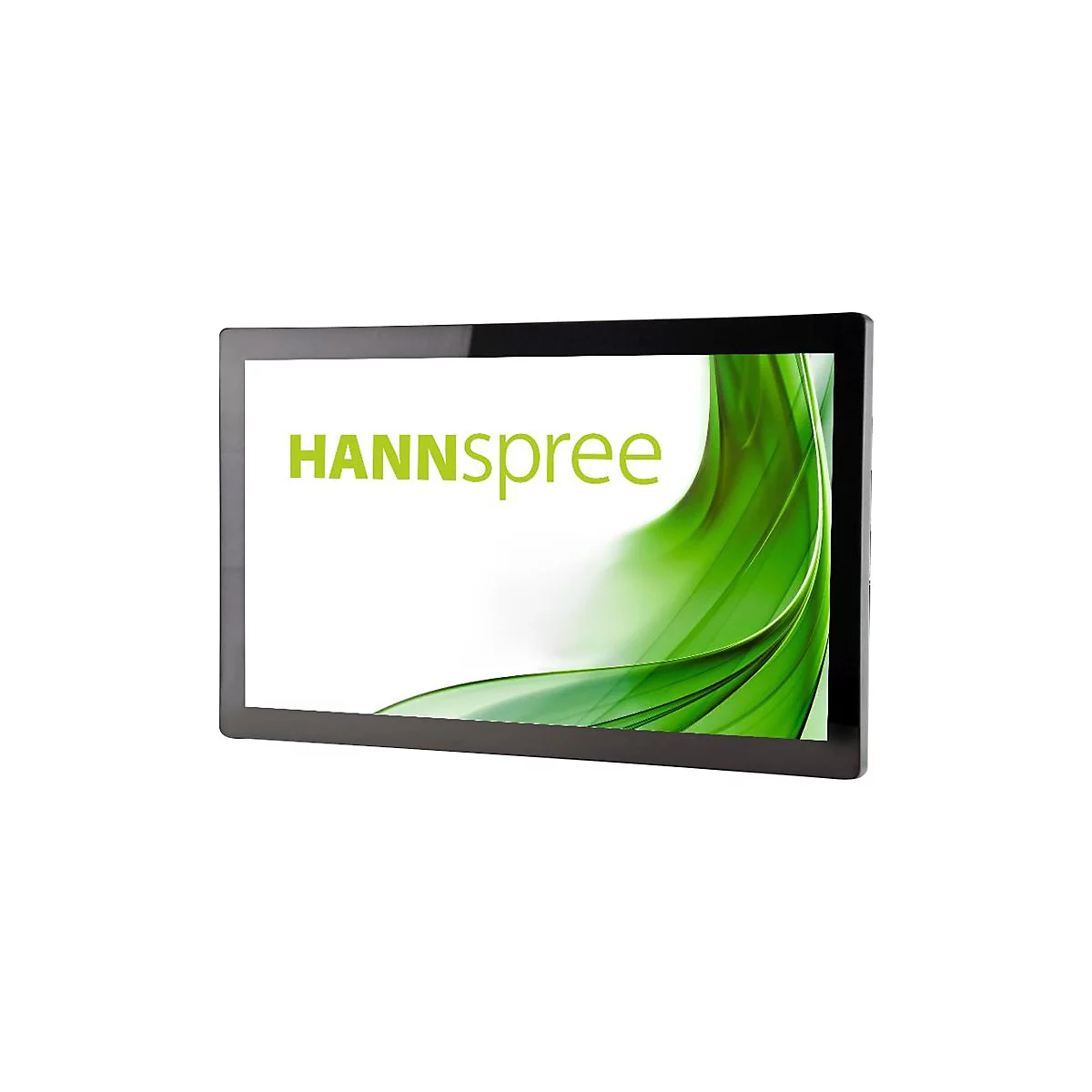 HANNspree Monitor mit schwarzem Rahmen und grünem, geschwungenem Grafik-Display vor weißem Hintergrund.