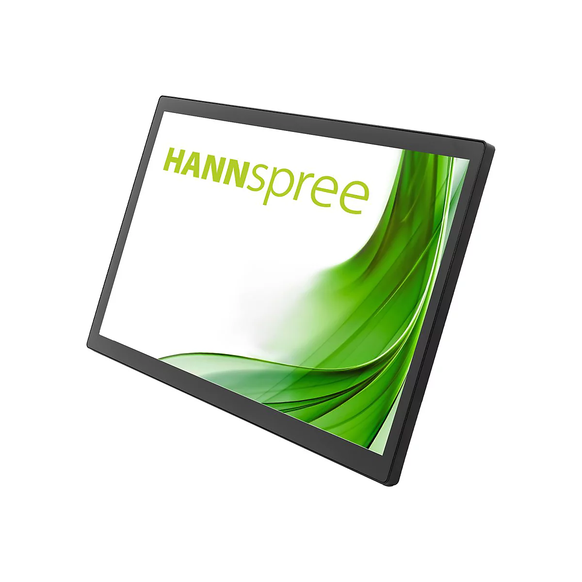 Schwarzer Hannspree Monitor mit grünem Wellenmuster und Logo auf weißem Hintergrund.