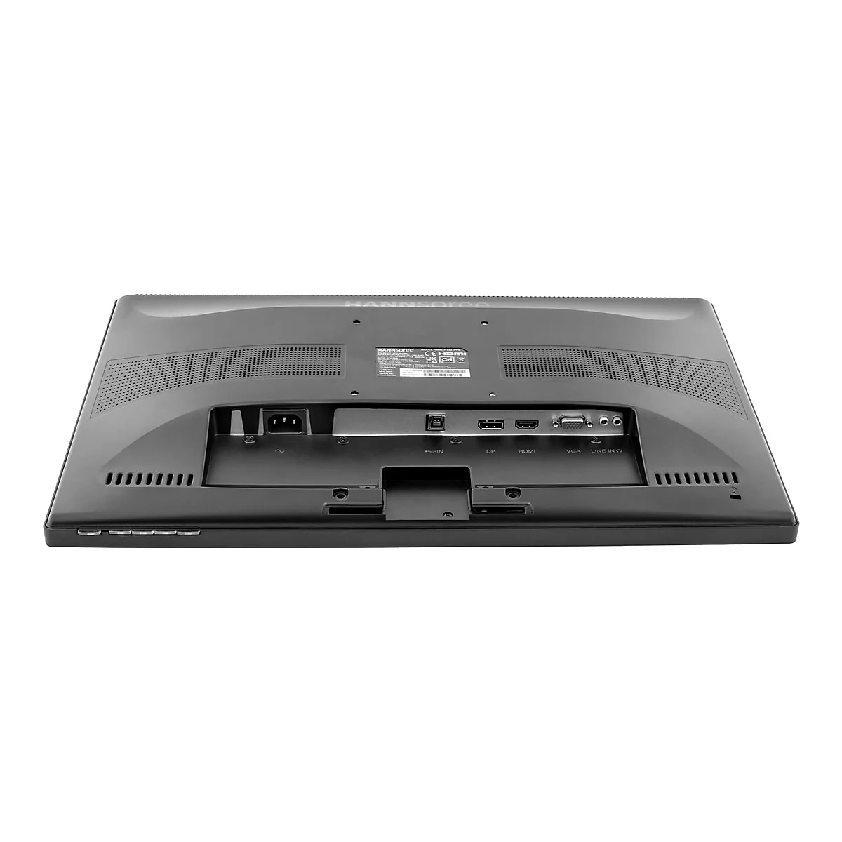 Rückseite eines schwarzen Monitors mit verschiedenen Anschlussbuchsen wie HDMI, DisplayPort und VGA.