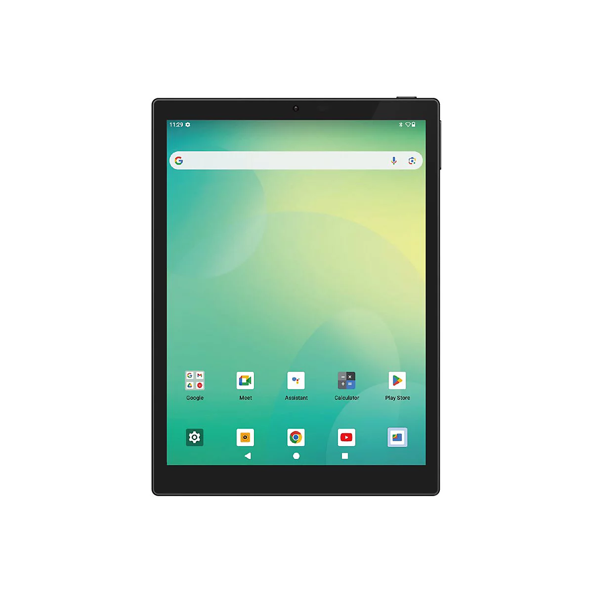 Schwarzes Tablet mit Android-Oberfläche vor weißem Hintergrund, Anzeige der App-Symbole und Google-Suchleiste.