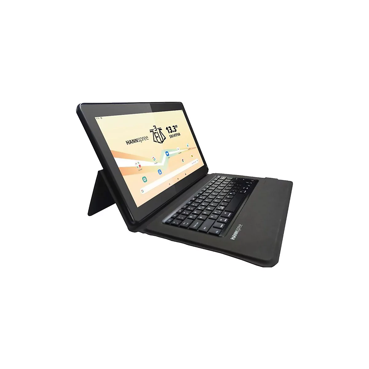 Ein schwarzes Tablet mit Tastatur, auf dem Bildschirm steht 'HANNSspree' und 'ZEUS 13.3".