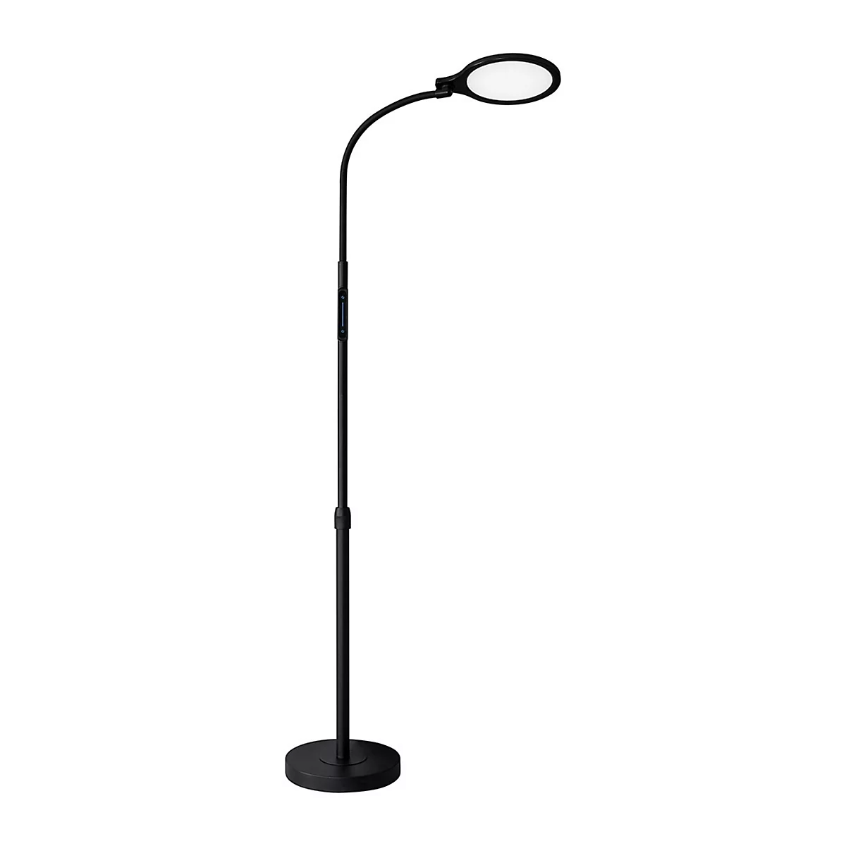 Lampadaire noir avec tête de lumière ronde, bras courbé et base ronde, sur fond blanc.