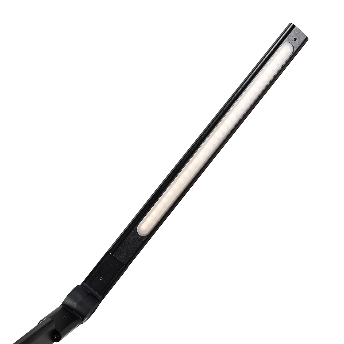 Une lampe LED noire et fine, en diagonale dans l'image. La lumière vive peut être vue le long de la lampe.