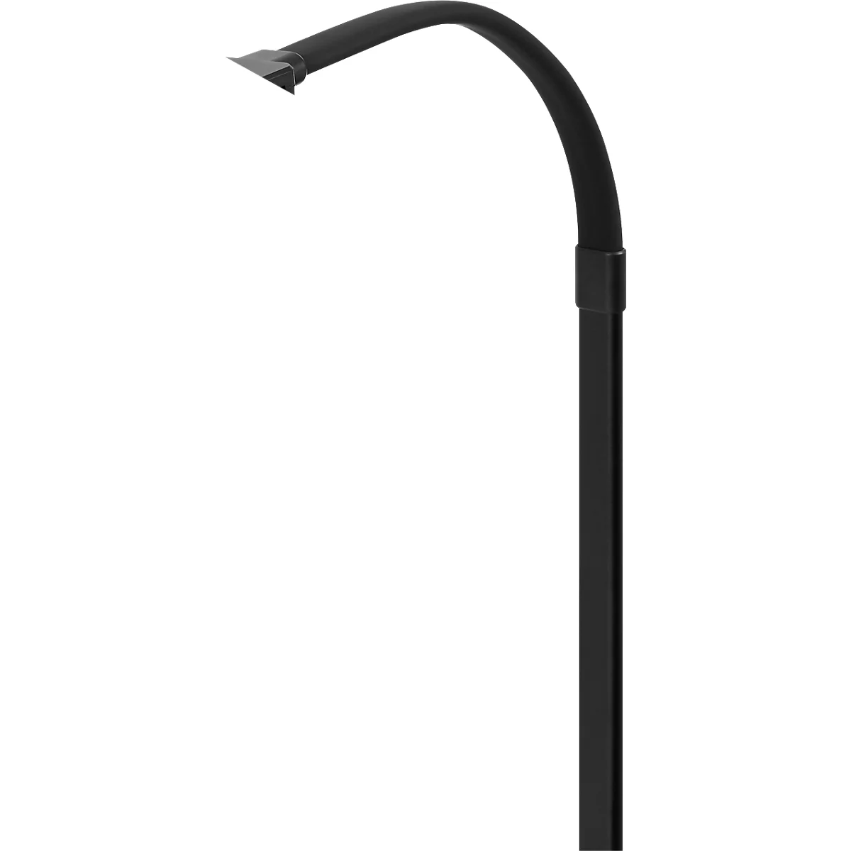 Lampe noire en arc contre fond blanc. Le bras courbé et l'abat-jour sont visibles.