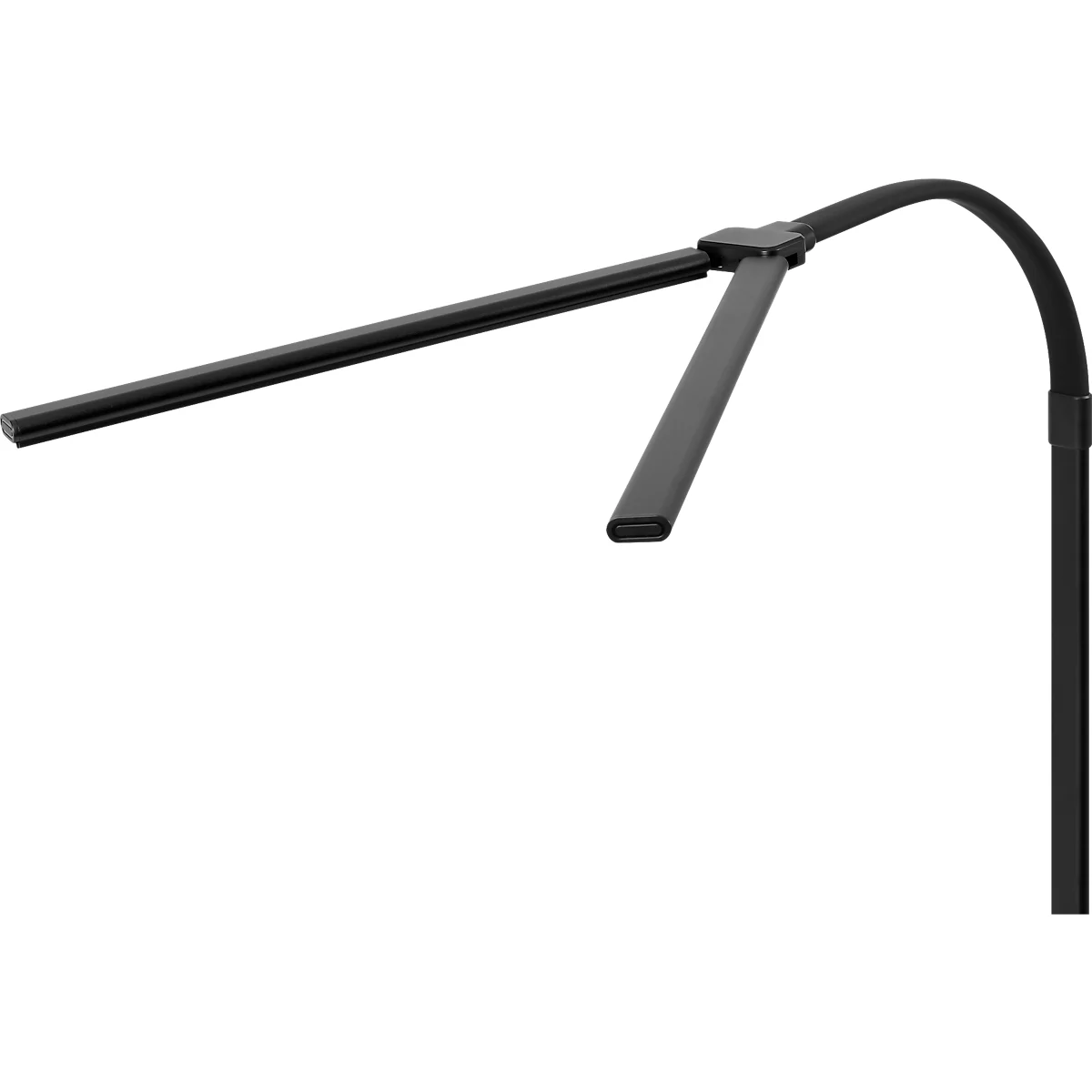Schwarze Schreibtischlampe mit LED-Leuchten, die in drei Richtungen verstellbar ist.