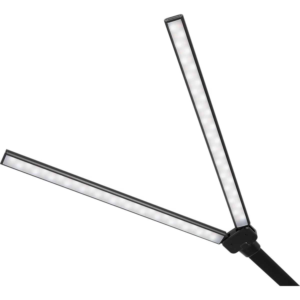 Detailaufnahme einer schwarzen LED-Schreibtischleuchte mit zwei abgewinkelten, leuchtenden Armen.