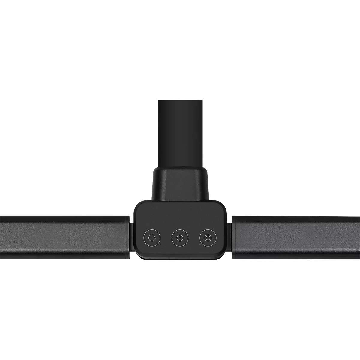 Nahaufnahme einer schwarzen Schreibtischlampe. Die Lampe hat einen T-förmigen Kopf mit drei Tasten und zwei horizontalen Armen.