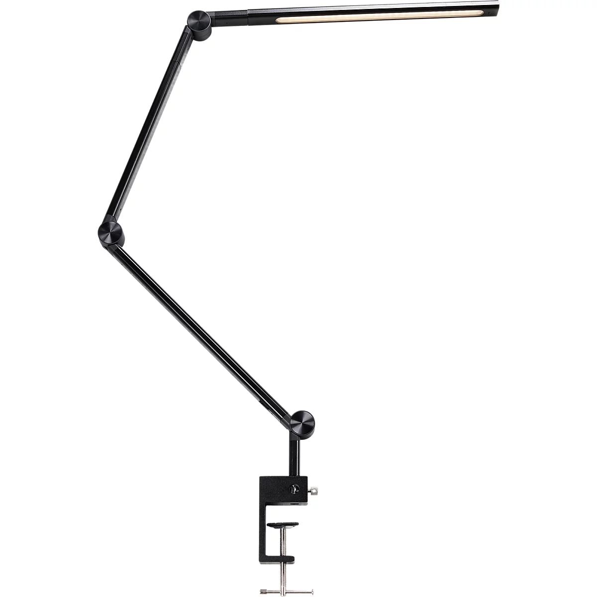 Zwarte bureaulamp met LED-licht, bevestigd met klem.