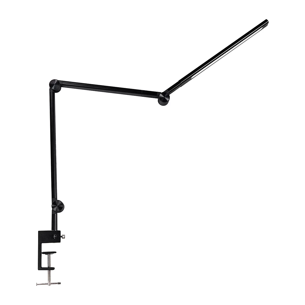 Schwarze Schreibtischlampe mit Klemme an weißem Hintergrund. Der lange, verstellbare Arm ist in Position gebracht.