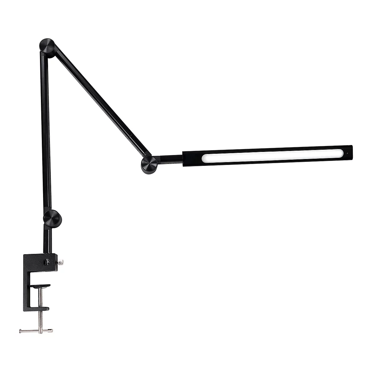 Schwarze Schreibtischlampe mit LED-Lichtleiste. Flexible Arme und Klemme. Auf weißem Hintergrund isoliert.