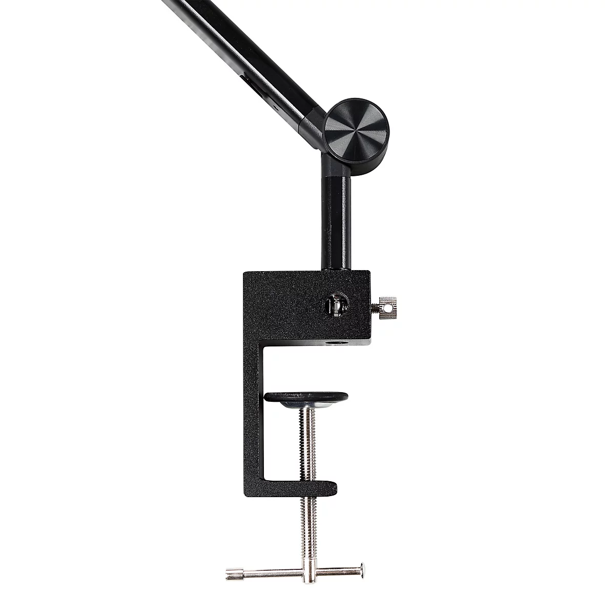 Schwarze Tischklemme mit verstellbarem Arm, detailliert. Sie wird zur Befestigung von Beleuchtung oder Halterungen verwendet.