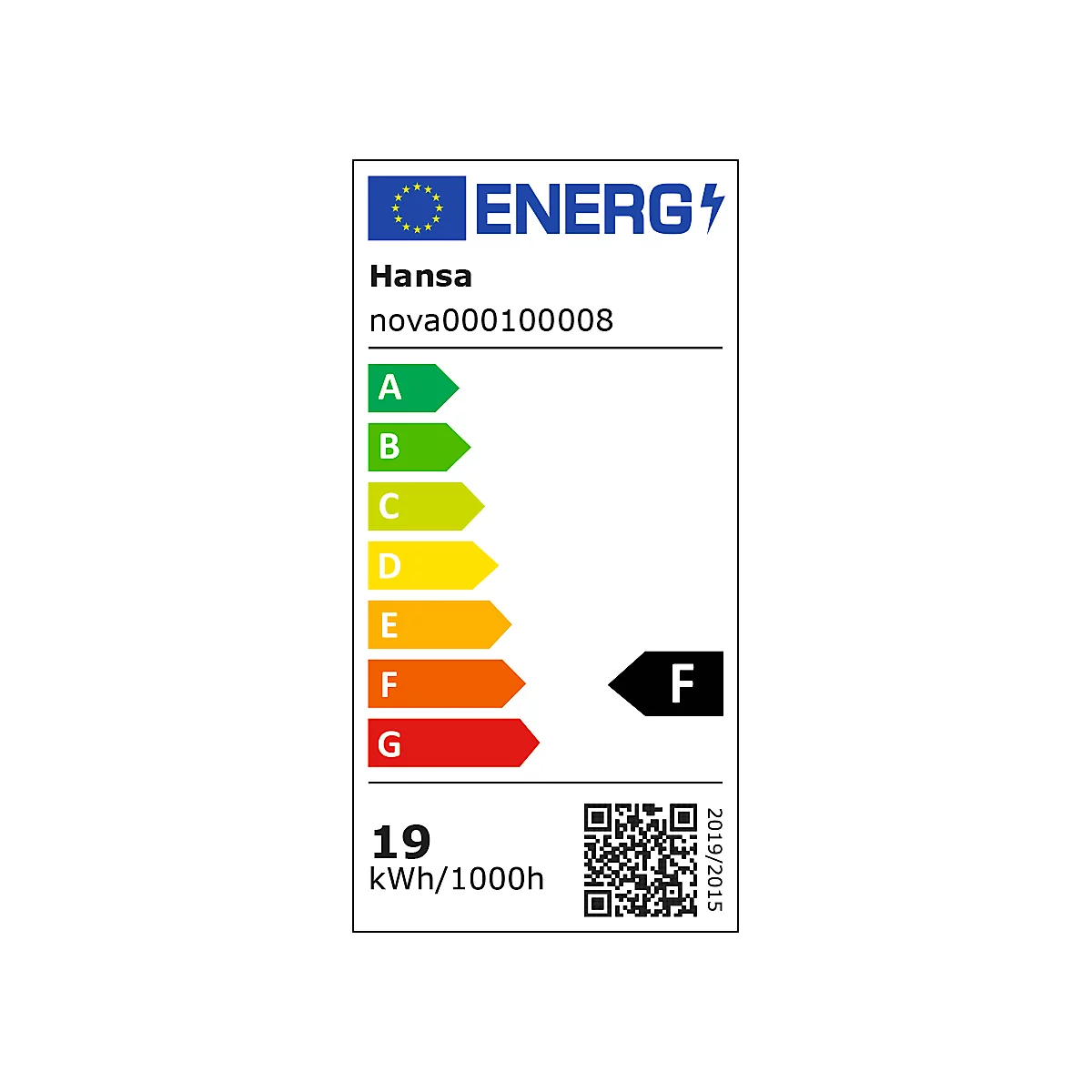 Energielabel met informatie over Hansa, energieklasse F en verbruik. Inclusief QR-code.