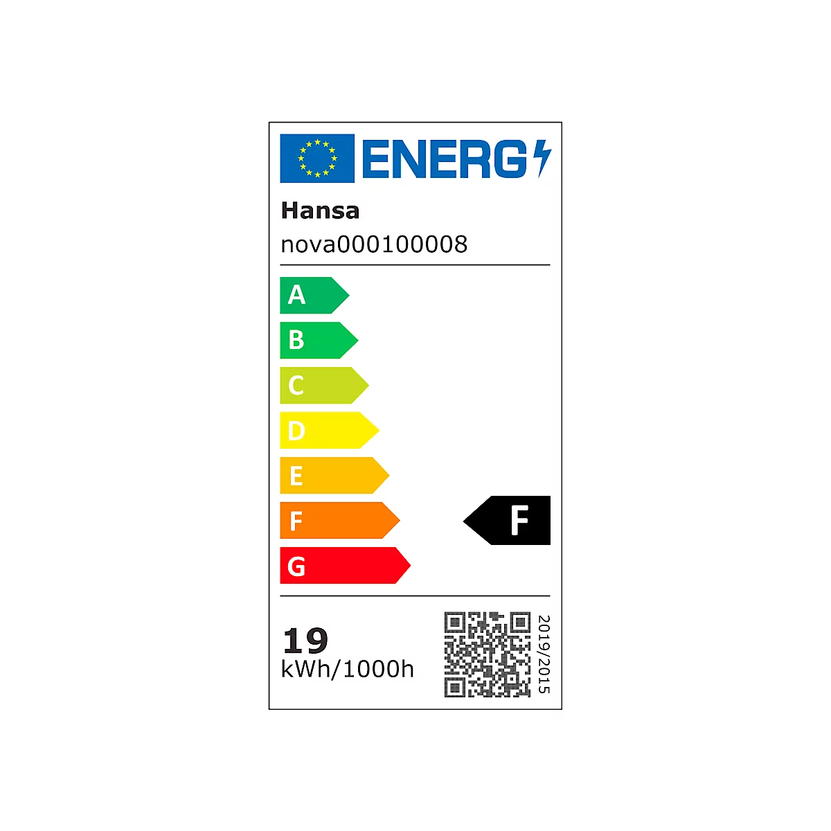 Energie-efficiëntielabel met categorieën A tot en met G. Toont een beoordeling van 'F' en een verbruik van 19 kWh/1000h. Merk: Hansa.