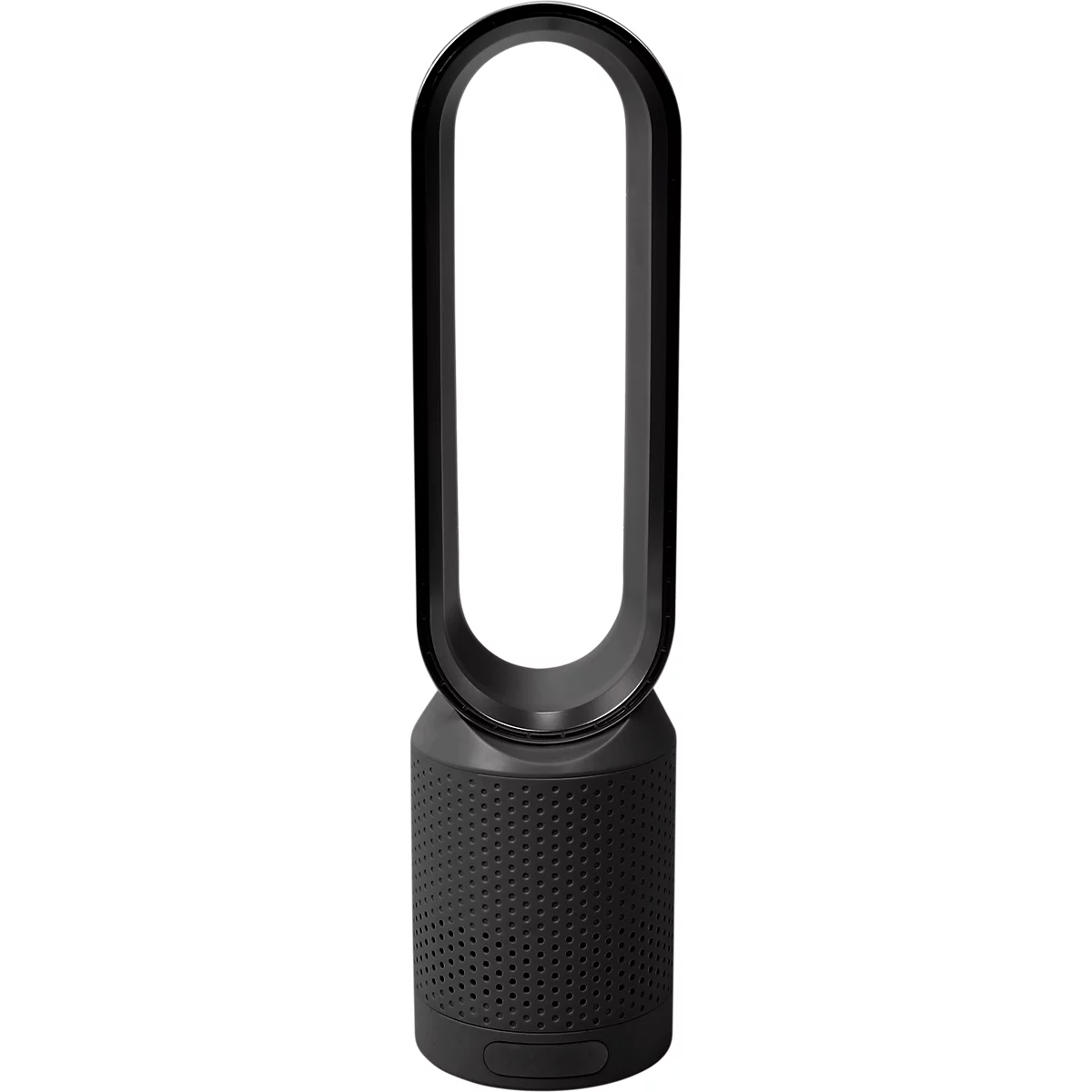 Een zwarte torenventilator, met een ovale opening en een afgeronde basis.