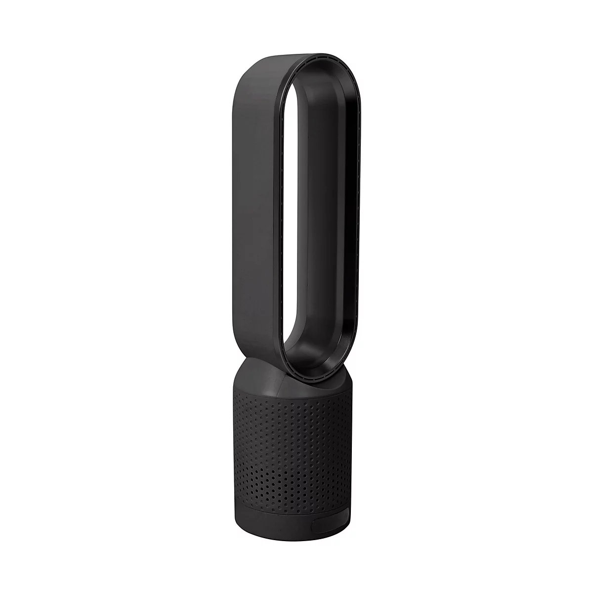 Een zwarte torenventilator met een ovale, open bovenkant. Onder het ovale deel bevindt zich een cilindrische basis.