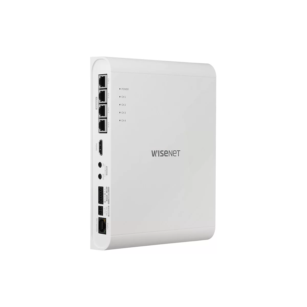 Weißes, rechteckiges Gerät mit mehreren Anschlüssen, HDMI-Port und Wisenet-Logo. Auf der Seite sind Beschriftungen wie 'CH1', 'CH2', 'Power' zu sehen.