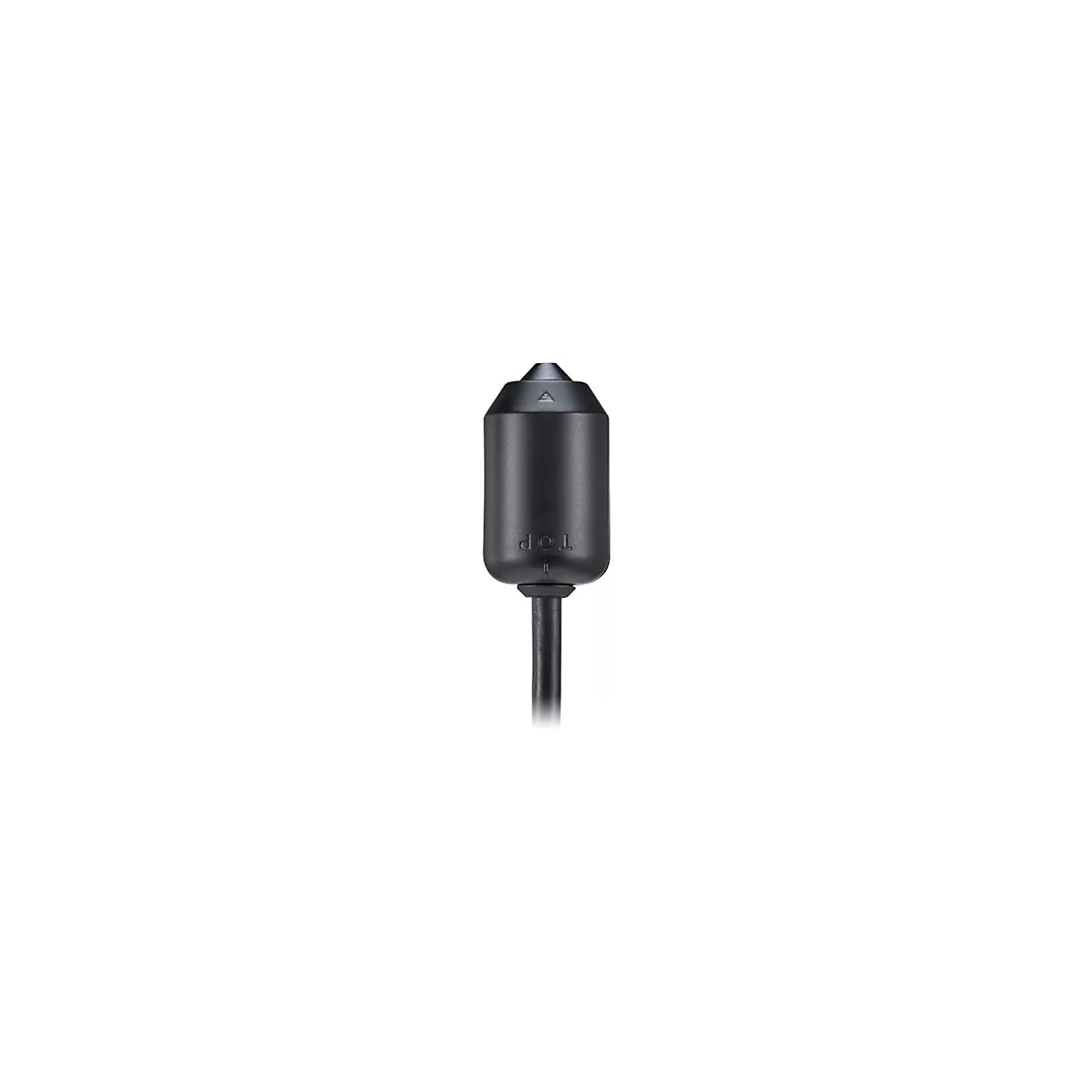 Schwarzes, zylindrisches Objekt mit spitzem Kopf und Kabel. Auf der Spitze ist ein Pfeil, am unteren Teil steht „TOP“.