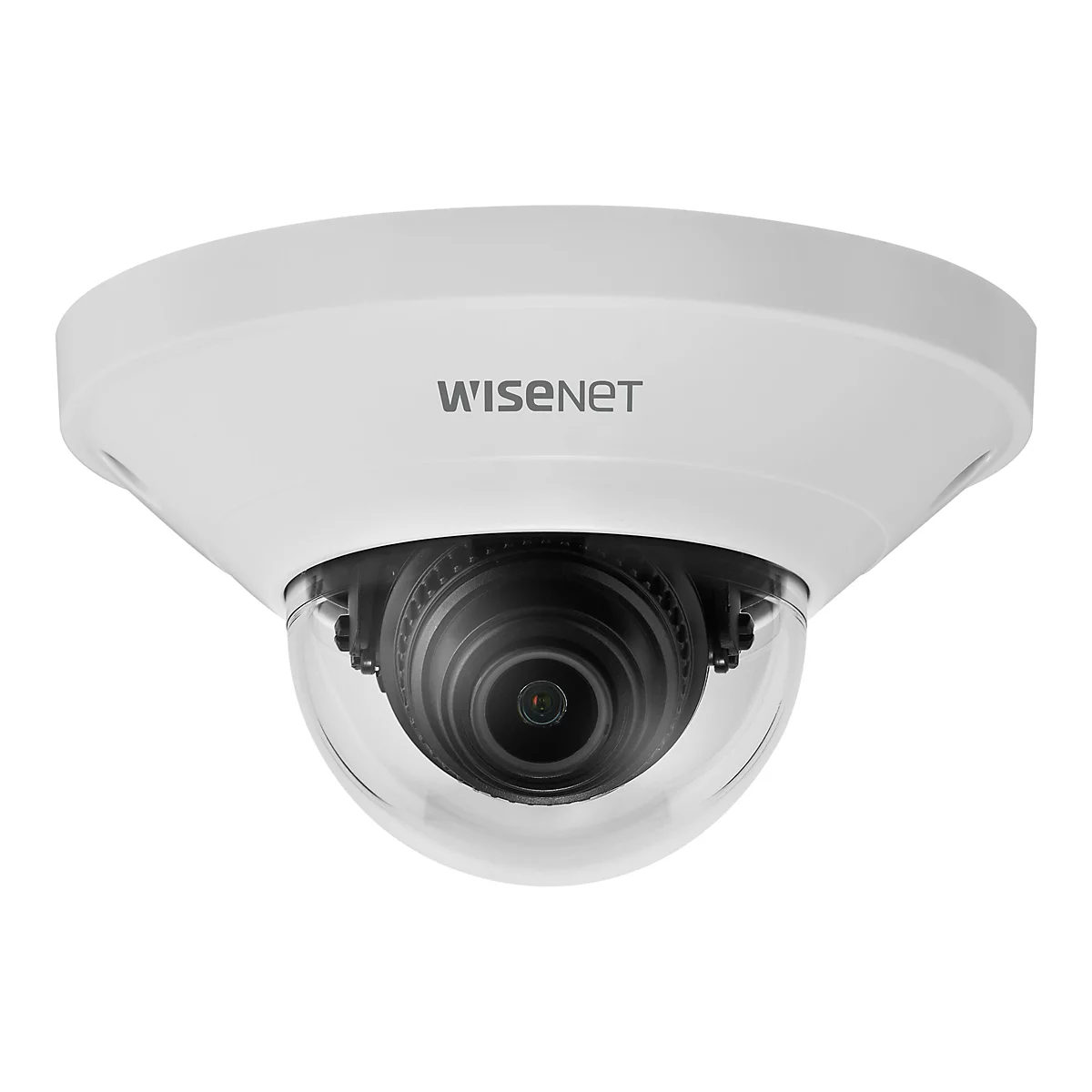 Weiße Kuppelkamera mit 'WISENET'-Schriftzug. Die Linse ist hinter einer durchsichtigen, gewölbten Abdeckung sichtbar.