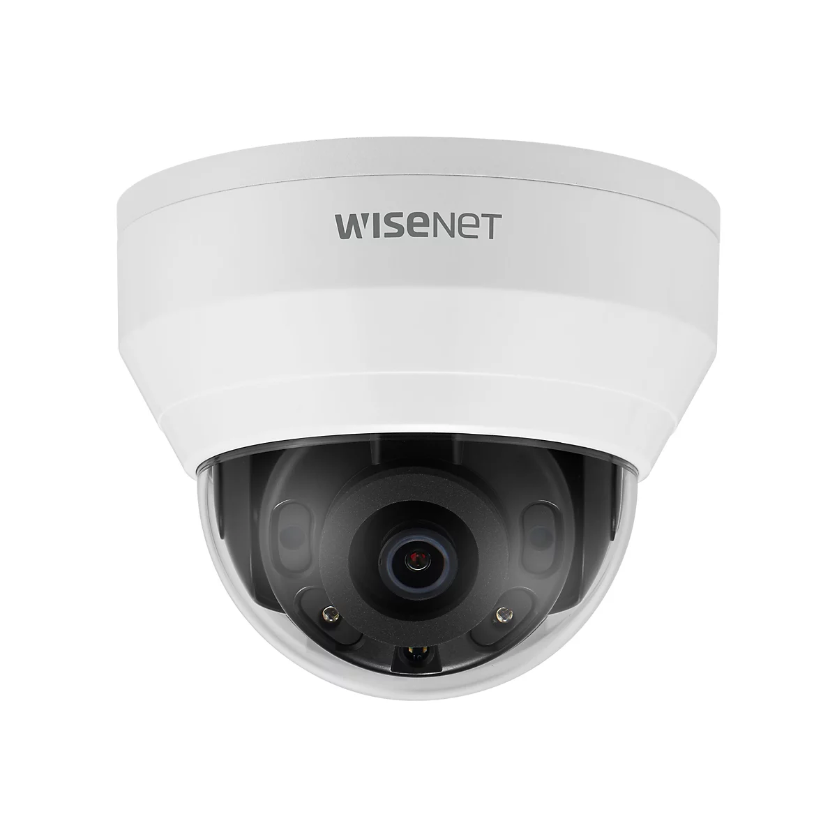 Eine weiße Dome-Überwachungskamera mit dem Schriftzug "WISENET".