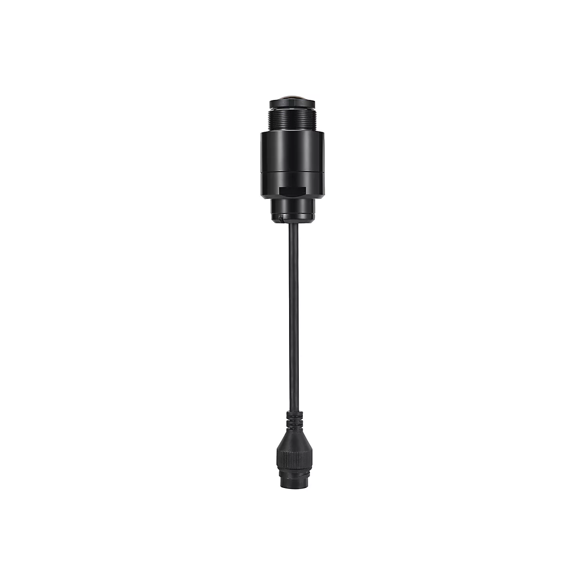 Schwarz-silberner Sensor mit Kabel vor weißem Hintergrund.