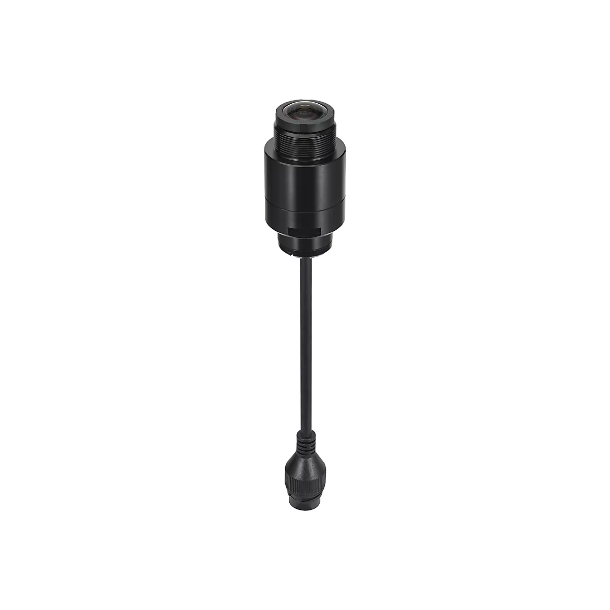 Schwarz lackierte Kamera mit Kabel, detailreich vor weißem Hintergrund.