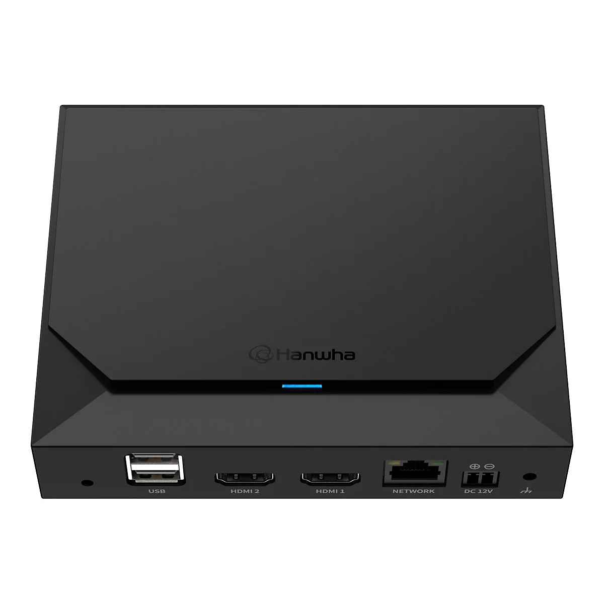 Schwarze Hanwha-Set-Top-Box, blaue LED, Anschlüsse unten: USB, HDMI, Netzwerk, DC 12V, Stromanschluss.